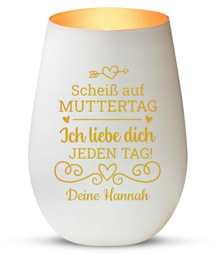 Love Faith Scheiß auf Muttertag Windlicht Weiß/Gold - Personalisiertes Windlicht für Teelichter mit Namen-Gravur - Geschenk zum Muttertag
