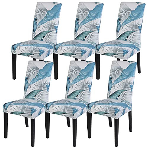 papasgix Stuhlhussen 6er Set,Stretch Stuhlbezug Stuhlüberzug Elastische Abnehmbar Waschbar Spannbezug für Esszimmerstühle Schwingstuhl Bezug Küche Bankette Partys Deko(Hellblaue Blätter,6 Stück)