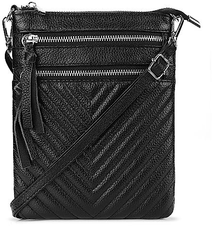 befen Kleine Umhängetasche aus echtem Leder für Damen, Umhängetasche, Schulterhandtaschen mit mehreren Reißverschlusstaschen, Chevron gesteppt, Schwarz, Small, Kleine Umhängetasche aus Leder