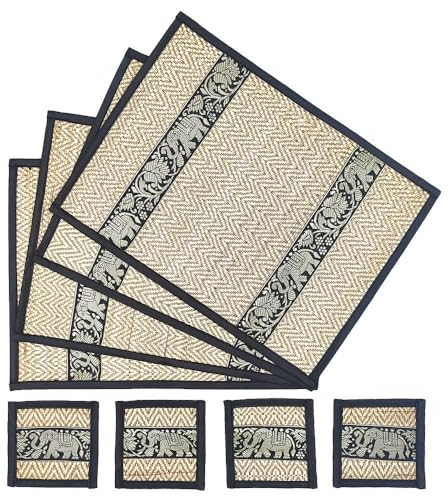 Thai Tisch-Set Untersetzer Platz-Set 8-teilig aus Bast mit Elefantenmuster für Esstischdekoration, handgewebt in Thailand (Schwarz)