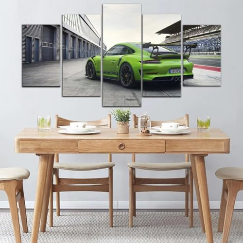 ZYCHKRL Wandbilder Mit Rahmen 5 Teiliges Leinwandbild Grüner Porsch GT3 RS Luxussportwagen 5 Platten Poster Wandbild Kunstdrucke Büro Küche Schlafzimmer wandbilder Wohnzimmer