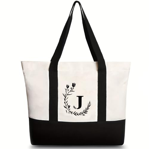 Soulnioi Canvas-Tragetasche mit Stickerei-Initiale, personalisierte Blumen-Buchstaben, bedruckte Tasche für Damen/Herren, wiederverwendbare Strandtasche aus Segeltuch für Alltag, Reisen,