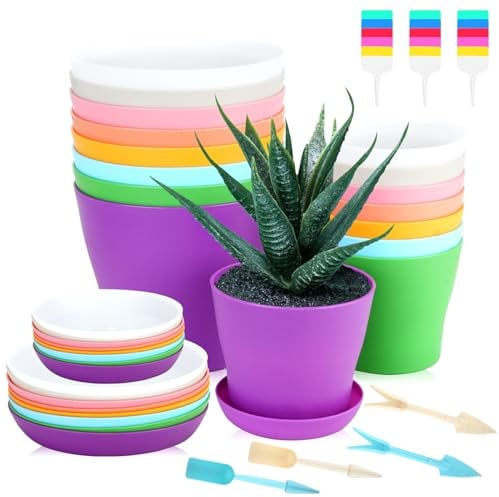 RETON Set di 38 vasi per piante in plastica colorata, tra cui 16 vasi da 10/14 cm con vassoio, vasi in plastica con 18 etichette per piante, 4 strumenti per trapianto (8 colori)