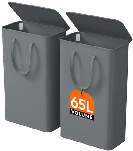 Lifewit 2 Piezas Cesto Ropa Sucia Estrecho con Tapa 65L, Cesta Ropa Sucia con Asas Extendidas, Cesta de Almacenamiento, Cubo Ropa Sucia Pequeño Plegable para Baño, Dormitorio, Lavadero, Gris