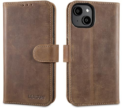 LENSUN Echtleder Hülle für iPhone 14, Leder Handyhülle [Kartenfach][Standfunktion][RFID Schutz] Handytasche Echtes Lederhülle für iPhone 14 5G - Vintage Dunkelbraun