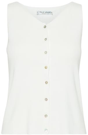 PULZ JEANS PZSARA Damen Top Shirt ärmellos mit V-Ausschnitt Knöpfen Regular fit, Größe:XL, Farbe:Blanc de Blanc (114800)