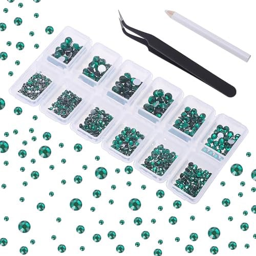 4200 Pieces Flat Back Emerald Nail Art Rhinestones for Nail Art Decorations, Round Crystal Gems Stickers for Clothes and Craft, 1.5 mm - 4.8 mm, 6 Sizes
