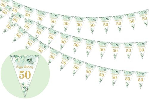 Fangleland 3 Pack 50th Birthday Bunting Banner Sage Green, 50th Happy Birthday Decorations for Women Men, 50 Birthday Pennant Banner, Fifty Birthday Party Triangle Flag for Outdoor Indoor Home Garden
