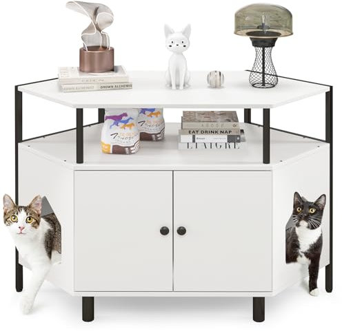 GYMAX Corner Cat Litter Box Enclosure, Wooden Pet Cabinet Furniture with Open Shelf, 2 Entrances, Hidden Cat Washroom, Double-Door Cat House for Indoor Cats, as Storage Cabinet (White)