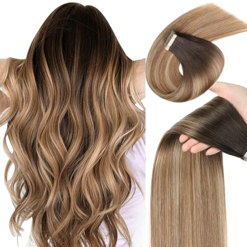 YDDM Tape Extensions Echthaar Goldbraun Balayage 40pcs 60cm 100g Kastanienbraun bis Hellbraun mit Hellblond Remy Invisible Tape in Extensions Echthaar Ombre Tapes Ins Haarverlängerung(24Zoll,2/6/18K#)
