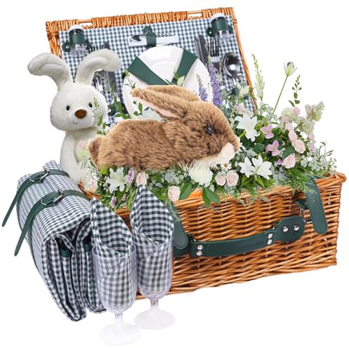 Picknickkorb für 4 Personen, Weidengeflecht, Picknick-Set mit Kühltasche und wasserdichter Picknickmatte, Picknickkörbe für Camping, Hochzeit, Sommer, Strand, Outdoor, Geburtstagsgeschenke