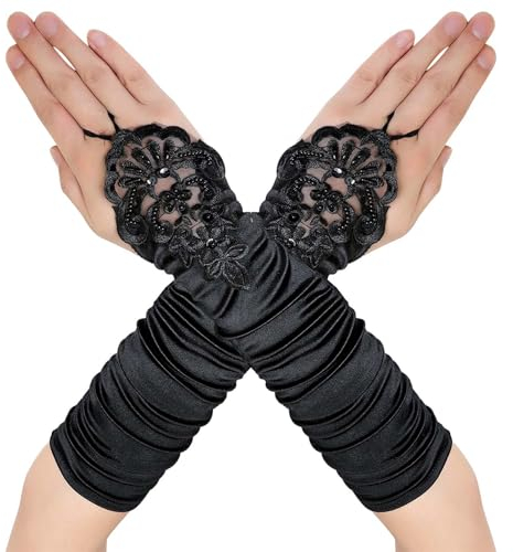 Cleminsta Lange Damen Satinhandschuhe - 1 Paar Handschuhe Satin, Abendkleid Damen Elegante Klassische Abendhandschuhe im 1920er Stil für Oper, Halloween, Karneval und Hochzeiten (Schwarz, 36cm)