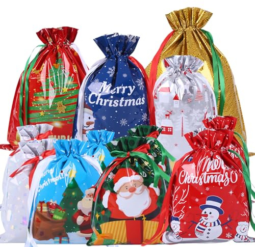 12 Pc Foil Gift Bags Christmas Drawstring Gift Wrapping Bags,Reusable Pull String Foil Bag,Multipack Large Present Sack,Jumbo Christmas Bag,Shimmer Foils Wrap Sack Goody Bagfor GiftXmas Party Decor