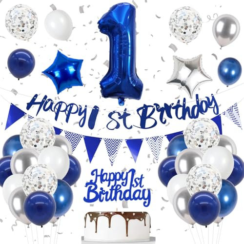 1. Geburtstag Deko Nacht Blau, Luftballon Deko 1. Geburtstag Frau Mann, Geburtstagsdeko 1 Jahr, Folienballon 1, Nacht Blau Silber Weiß Luftballons 1 Jahr mit Banner Topper für Party Dekoration