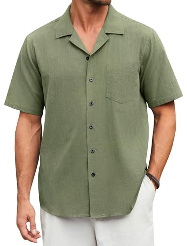 Enlision Mens Short Sleeve Green Linen Casual Summer Beach Button Down Shirts for Men with Pocket Regular Fit L
