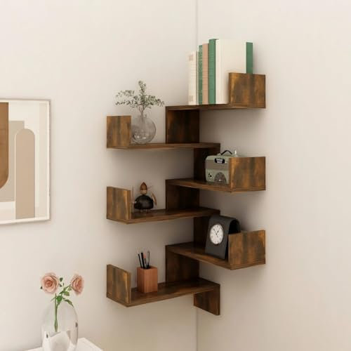 Myheimly Wand Eckregal Bücherregal Wandregal Hängeregal Regal Küchenregal Schweberegal Dekoregal Wohnzimmer Holzwerkstoff Räuchereiche,2 PZ