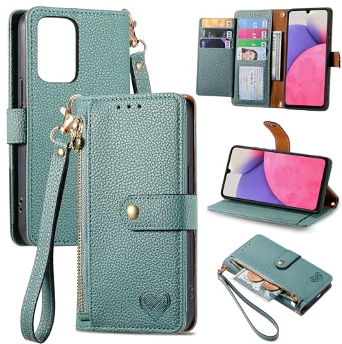 Jiajihua Hülle Kompatibel mit Ulefone Note 12,Kompatibel mit Ulefone Note 12P Schlüsselband【Reißverschluss Geldbörse】【7 Kartenfächer】【Flip Stand】【Magnetische Schnalle】 Green
