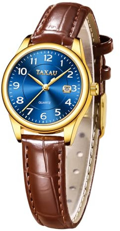 Taxau Brauner Gurt Blaues Zifferblatt Uhr Damen Uhren Damen Wasserdichtes Anspruchsvoll Damenuhren Armbanduhr Mit Datumsanzeige Luxus Ladies Women Watch