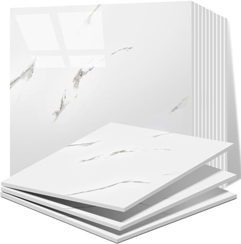 Vieshful 10 pezzi Piastrelle Adesive, Piastrelle di Marmo Autoadesive da 30 x 30 cm per muri, Pannelli per Doccia Impermeabili in PVC, Piastrelle Adesive per Cucina, Bagno, Soggiorno Bianco