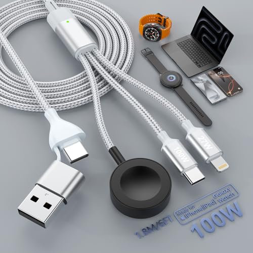 100W Multi Charging Cable for Samsung Galaxy Watch [1.8M] - USB C PD [100W] + Lightning [27W] + Watch [10W] for MacBook Pro/Air, iPhone, iPad, Samsung, Huawei, LG