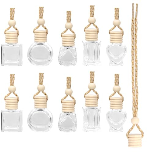 Glarks 20pcs 8ml Hängen Auto Lufterfrischer Diffusor Set, Herz/Quadrat/Träne/Diamant/Flachkreis geformte Hängen klares Glas Parfüm Anhänger Flasche