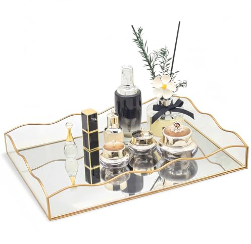 Deko Tablett, SLHEQING Groß Spiegeltablett, Rechteckig Badezimmer Tablett Glas Kosmetik Organizer Gold Vanity Make Up Organizer für Schminktisch Esstisch Bad Schlafzimmer