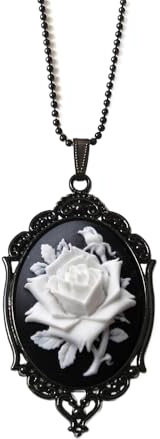 Niaspi Carved Rose Flower Cameo Pendant Necklace for Women Vintage Gothic Black Victorian Antique Beaded Chain Neckalces Boho Embossed 3D Floral Mystic Statement Jewelry (White)