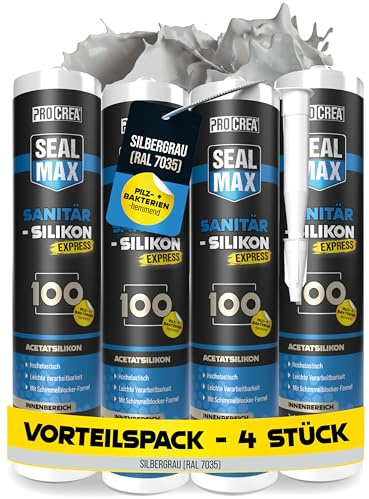 PROCREA® 4x Premium Sanitärsilikon 100 (silbergrau) [Schimmelresistent] Hochwertiges Sanitärsilikon zum abdichten für Fugen in Bad, Dusche & Küche uvm. - Silicon hellgrau - Profi-Qualität