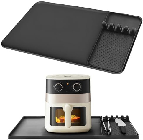 DGMI 2 in 1 Hitzebeständige Unterlage, 60x40cm Feuerfeste Unterlage für Heißluftfritteuse, Unterlage Kaffeemaschine, Vielseitige Hitzeschutzmatte mit Abnehmbarem Küche Silikonmatte für Küche (Schwarz)