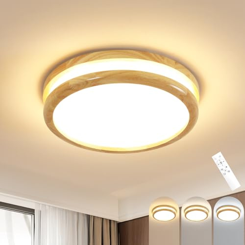 Goeco LED Deckenleuchte Flach RundDimmbar, 24W Holz Ø30CM Deckenlampe mit Fernbedienung, 3000-6500K, LED Deckenbeleuchtung Rund für Wohnzimmer Schlafzimmer Flur Küche