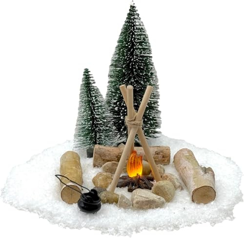 ZauberDeko Wichtel Zubehör Feuerstelle mit LED Lagerfeuer Kessel Tannenbaum Schnee Weihnachten Puppenhaus Krippen Set