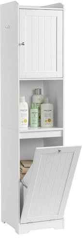 LEADZM Badezimmerschrank, Lagerschrank Aufbewahrungsschrank | Badschrank hoch mit 1 Tür, 1 Klappdeckel-Schublade, 1 offenen Fächern für Badezimmer Wohnzimmer, Esszimme, 40 x 40 x 180 cm