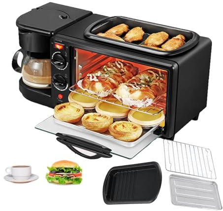 Machine à petit-déjeuner portable, station petit-déjeuner 3 en 1, avec poêle antiadhésive + cafetière 400 ml, contrôle de la température 100-230° + minuterie 30 min,A