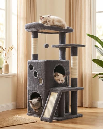 PETEPELA Arbre à chat de 88 cm pour chats d'appartement avec large surface de couchage supérieure, grotte privée et colonne griffeuse en sisal, tapis à gratter pour chats d'appartement, gris foncé