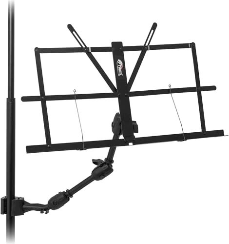 Tiger MSA32-BK Clamp-On Foldable Music Bookplate | Dual 360˚ Ball-Joint Arms, 51cmx23cm Plate, 1.9cm Lip, 40cm Max Reach, Universal Clamp, Removable Brackets, Portable