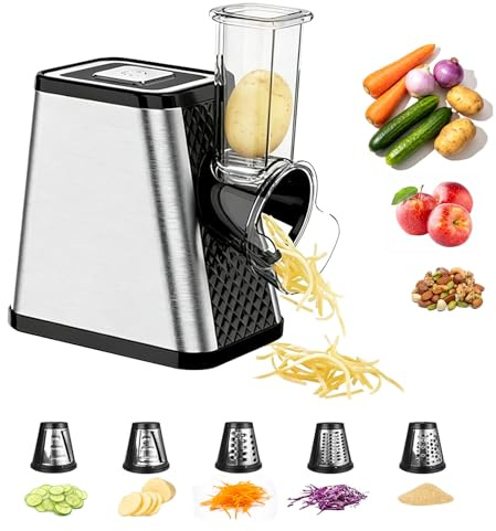 Taglia Verdure, Affetta Verdure Elettrica 5 in 1 con 5 Lame in Acciaio Inox Grattugia Elettrica per Formaggio Grattugia Multifunzionale da 800 W per Formaggi a Pasta Dura Carote Cetrioli Patate Cavolo