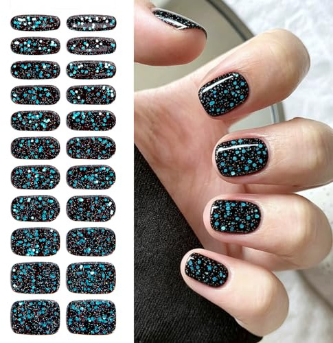 Gel Nail Wraps [Glitter Noir] - 22 Gel Nail Stickers for Instant Manicure, No UV Lamp Needed, Pre-Cured Gel Nail Strips, Easy to Apply, Nails Art Design Accessories, Vegan & Cruelty-Free
