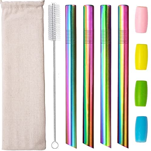 morneve Métal Boba Pailles réutilisables en acier inoxydable extrémités pointues pour Smoothies Jumbo Bubble Tea Milkshakes Paille 12mm extra large avec Embout silicone sac brosse 4pcs