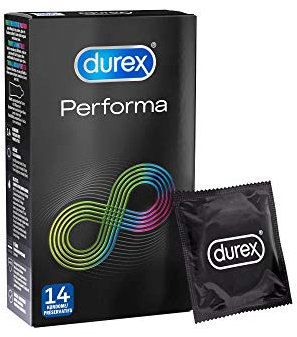 Durex Performa Kondome – transparent und befeuchtet Kondome mit 5 % benzocainhaltigem Gel, angenehmer Geruch – Perfekter Sitz & leichtes Abrollen – 14er Pack (1 x 14 Stück)