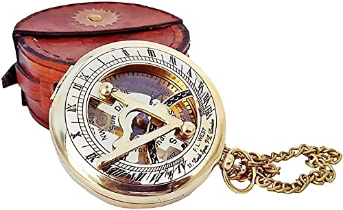 Sonnenuhr-Kompass aus Messing mit Lederetui und Kette – Kompass zum Aufdrücken – Camping/Wandern Steampunk-Zubehör – Goldenes Finish – schöne Sonnenuhr Jubiläum/Valentinstag Geschenk (Messing und