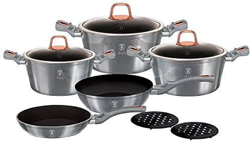 Berlinger Haus Moonlight Batería Cocina Inducción 10 Piezas, Antiadherente Titanio sin PFOA, Aluminio, Set 3 Cazuelas, 3 Tapas Cristal, 2 Sartenes, 2 Salva Manteles, Diseño Moderno, Vitrocerámica
