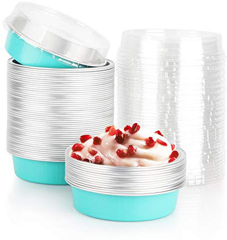 Beasea Mini-Kuchenformen mit Deckel, 10,2 cm, 50 Stück, Einweg-Kuchenformen, 237 ml, elegante blaue Aluminium-Kuchenformen für Torten, Quiche und Käsekuchen