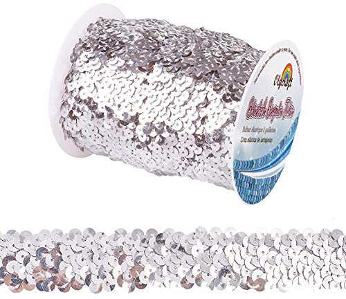 OLYCRAFT 10M Paillettenbesatz Applikation Paillettenband Stretch Paillettenbesatz 3-Reihiger 2.5cm Breite Paillettenbandbesatz Aus Stoff Zum Aufnähen Für Kleiderverzierung Und Stirnband - Silber