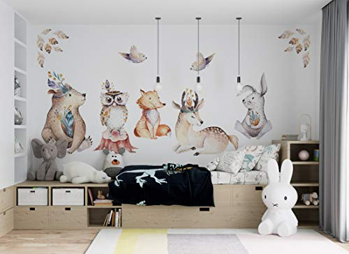 Wandtattoo Waldtiere I Reh Hase Fuchs Bär Vögel Kinderbilder Junge Kinderzimmer Mädchen Aufkleber Osomhome os8807 (145x120cm)