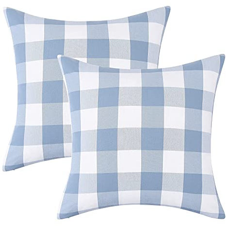 CAROMIO Buffalo Check Plaid Throw Pillow Covers 18×18 Cotton Farmhouse Outdoor Plaid Square Pillow Blue and White Christmas Cushion Case for Bedroom Décor, Car, Set of 2