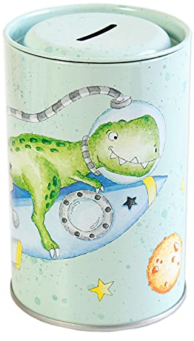Hucha infantil de chapa con dinosaurio en cohete, hucha de dinosaurio para niños, ideal como regalo de cumpleaños, escolarización y otras ocasiones