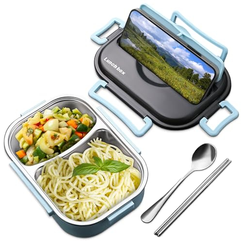 1,375.0 g Edelstahl Bento Box Erwachsene mit Telefonständer - Wiederverwendbare Edelstahl Lunchbox für heiße Speisen mit strapazierfähigem Kunststoff & weicher Gummiabdeckung - Isolierte Lunchbehälter