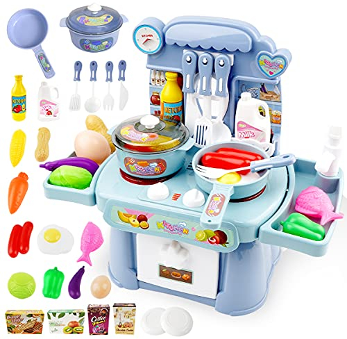 Kitchen Toys Imitated Chef Light Music Pretend Cooking Food Play Age 3+ Dinnerware Set Children Girl Toy Kitchen Sink with Running Water and Electronic Induction Stove (Blue kitchen set)