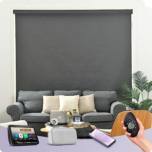 Graywind Customised Smart Blackout Roller Blinds Compatible with Alexa Google, Thermal Insulated Rechargeable Electric Blinds with Remote, Triple Weaved Fabric Motorised Window Shades, Dark Grey