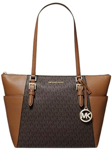 Michael Kors Charlotte Signature Große Tragetasche mit Reißverschluss oben und XL-Staubbeutel, Braun, Large